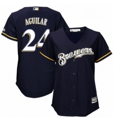 Womens Majestic Milwaukee Brewers 24 Jesus Aguilar Replica Navy Blue Alternate Cool Base MLB Jersey 