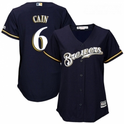 Womens Majestic Milwaukee Brewers 6 Lorenzo Cain Replica Navy Blue Alternate Cool Base MLB Jersey 