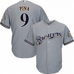 Youth Majestic Milwaukee Brewers 9 Manny Pina Replica Grey Road Cool Base MLB Jersey 