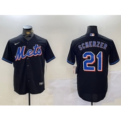 Men New York Mets 21 Max Scherzer Black Cool Base Stitched Baseball Jersey 3