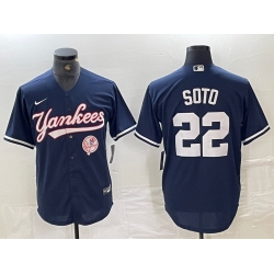 Men New York Yankees 22 Juan Soto Navy With Patch Cool Base Stitched Baseball Jersey