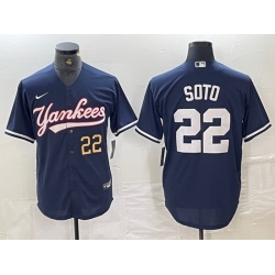 Men New York Yankees 22 Juan Soto Navy With Patch Cool Base Stitched Baseball Jersey