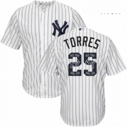 Mens Majestic New York Yankees 25 Gleyber Torres Authentic White Team Logo Fashion MLB Jersey 