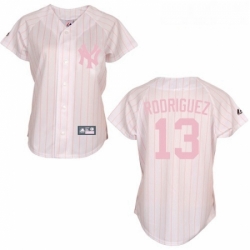 Womens Majestic New York Yankees 13 Alex Rodriguez Replica WhitePink Strip MLB Jersey