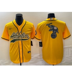 Men Oakland Athletics Yellow Team Big Logo Cool Base Stitched Baseball Jersey 003