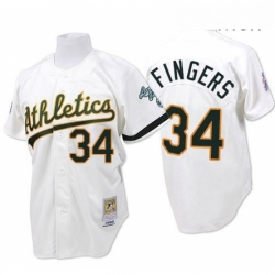 Mens Mitchell and Ness Oakland Athletics 34 Rollie Fingers Authentic White Throwback MLB Jersey