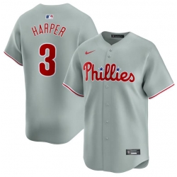 Men Philadelphia Phillies 3 Bryce Harper Grey Away Limited Stitched Jersey