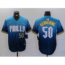 Men Philadelphia Phillies 50 Orion Kerkering Blue 2024 City Connect Limited Stitched Jersey 2