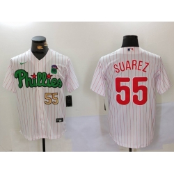 Men Philadelphia Phillies 55 Ranger Suarez White Green Cool Base Stitched Jersey 3