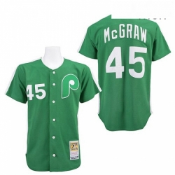 Mens Mitchell and Ness Philadelphia Phillies 45 Tug McGraw Replica Green Throwback MLB Jersey