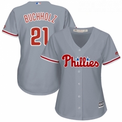 Womens Majestic Philadelphia Phillies 21 Clay Buchholz Authentic Grey Road Cool Base MLB Jersey 