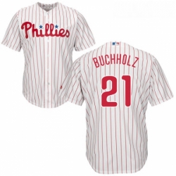 Youth Majestic Philadelphia Phillies 21 Clay Buchholz Authentic WhiteRed Strip Home Cool Base MLB Jersey 