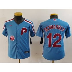 Youth Philadelphia Phillies 12 Kyle Schwarber Blue Cool Base Stitched Baseball Jersey 2