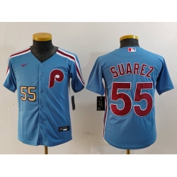 Youth Philadelphia Phillies 55 Ranger Suarez Blue Cool Base Stitched Baseball Jersey 9