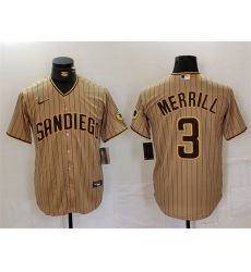 Men San Diego Padres 3 Jackson Merrill Tan Cool Base Stitched Baseball Jersey