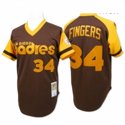 Mens Mitchell and Ness San Diego Padres 34 Rollie Fingers Replica Brown Throwback MLB Jersey