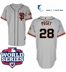 Mens Majestic San Francisco Giants 28 Buster Posey Authentic Grey Road 2 Cool Base 2012 World Series Patch MLB Jersey