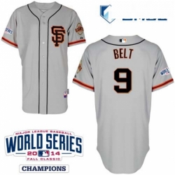 Mens Majestic San Francisco Giants 9 Brandon Belt Authentic Grey Road 2 Cool Base w2014 World Series Patch MLB Jersey