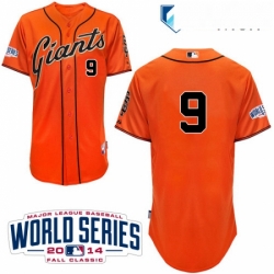 Mens Majestic San Francisco Giants 9 Brandon Belt Authentic Orange Alternate Cool Base w2014 World Series Patch MLB Jersey