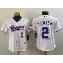 Women Texas Rangers 2 Marcus Semien White Gold Cool Base Stitched Baseball Jersey 1