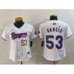 Women Texas Rangers 53 Adolis Garcia White Gold Stitched Baseball Jersey 3