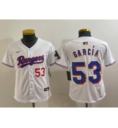 Youth Texas Rangers 53 Adolis Garcia White Gold Cool Base Stitched Baseball Jersey