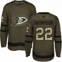 Mens Adidas Anaheim Ducks 22 Dennis Rasmussen Premier Green Salute to Service NHL Jersey 