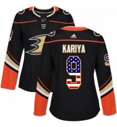 Womens Adidas Anaheim Ducks 9 Paul Kariya Authentic Black USA Flag Fashion NHL Jersey 