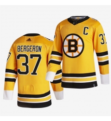 Men Boston Bruins 37 Patrice Bergeron 2020 21 Yellow Reverse Retro Stitched Jersey