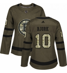 Womens Adidas Boston Bruins 10 Anders Bjork Authentic Green Salute to Service NHL Jersey 