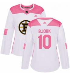 Womens Adidas Boston Bruins 10 Anders Bjork Authentic WhitePink Fashion NHL Jersey 