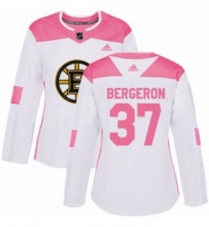 Womens Adidas Boston Bruins 37 Patrice Bergeron Authentic WhitePink Fashion NHL Jersey 