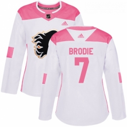 Womens Adidas Calgary Flames 7 TJ Brodie Authentic WhitePink Fashion NHL Jersey 