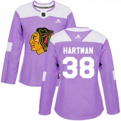 Womens Adidas Chicago Blackhawks 38 Ryan Hartman Authentic Purple Fights Cancer Practice NHL Jersey 