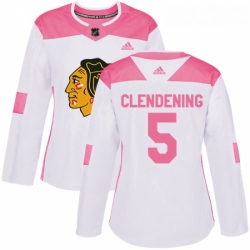 Womens Adidas Chicago Blackhawks 5 Adam Clendening Authentic White Pink Fashion NHL Jersey 