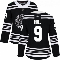 Womens Adidas Chicago Blackhawks 9 Bobby Hull Authentic Black 2019 Winter Classic NHL Jersey 