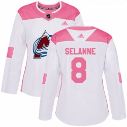 Womens Adidas Colorado Avalanche 8 Teemu Selanne Authentic WhitePink Fashion NHL Jersey 