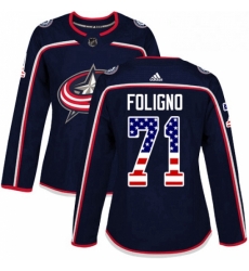 Womens Adidas Columbus Blue Jackets 71 Nick Foligno Authentic Navy Blue USA Flag Fashion NHL Jersey 