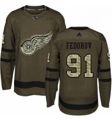 Mens Adidas Detroit Red Wings 91 Sergei Fedorov Premier Green Salute to Service NHL Jersey 