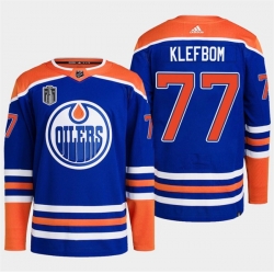 Men Edmonton Oilers 77 Oscar Klefbom Royal 2024 Stanley Cup Final Patch Stitched Jersey
