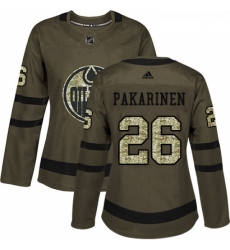 Womens Adidas Edmonton Oilers 26 Iiro Pakarinen Authentic Green Salute to Service NHL Jersey 