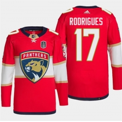 Men Florida Panthers 17 Evan Rodrigues Red 2024 Stanley Cup Final Patch Stitched Jersey
