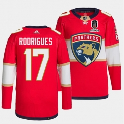 Men Florida Panthers 17 Evan Rodrigues Red Home 2024 Stanley Cup Champions Stitched Jersey