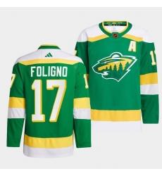 Men Minnesota Wild 17 Marcus Foligno Green 2022 23 Reverse Retro Stitched Jersey