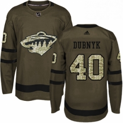 Mens Adidas Minnesota Wild 40 Devan Dubnyk Premier Green Salute to Service NHL Jersey 