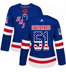 Womens Adidas New York Rangers 51 David Desharnais Authentic Royal Blue USA Flag Fashion NHL Jersey 