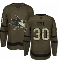 Mens Adidas San Jose Sharks 30 Aaron Dell Authentic Green Salute to Service NHL Jersey 