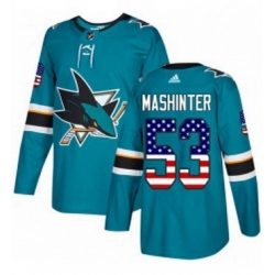 Mens Adidas San Jose Sharks 53 Brandon Mashinter Authentic Teal Green USA Flag Fashion NHL Jersey 