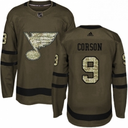 Mens Adidas St Louis Blues 9 Shayne Corson Premier Green Salute to Service NHL Jersey 