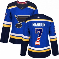 Womens Adidas St Louis Blues 7 Patrick Maroon Authentic Blue USA Flag Fashion NHL Jersey 